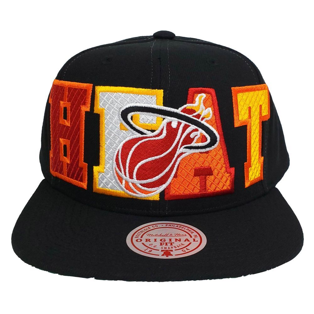 Miami Heat Mitchell & Ness NBA Snapback Hat Cap‎ Big Letter Embroidery Black NWT